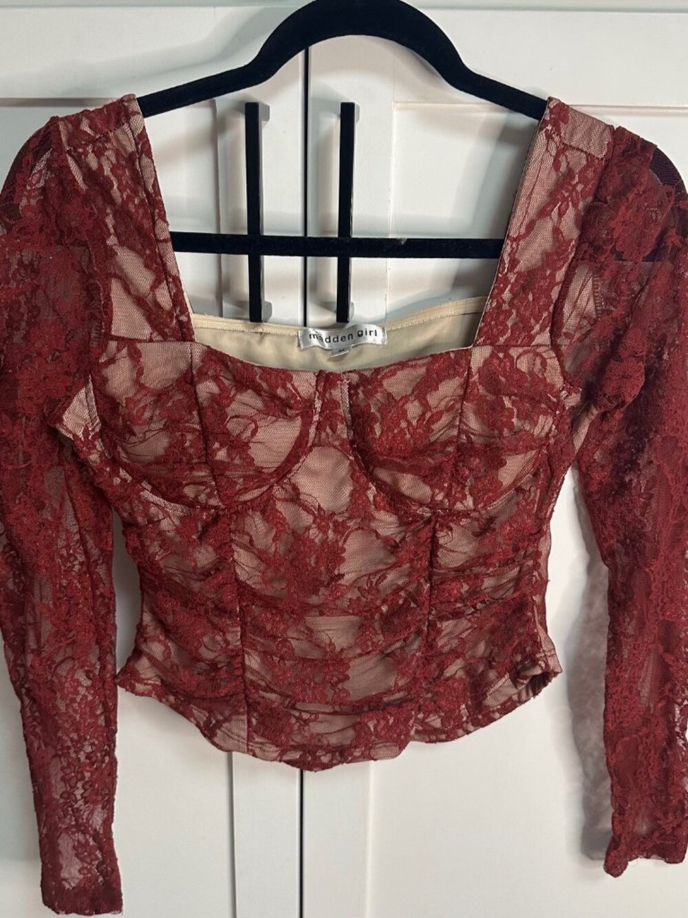 Madden Girl Lace Corset Top M Burgandy Long Sleeve Y2K